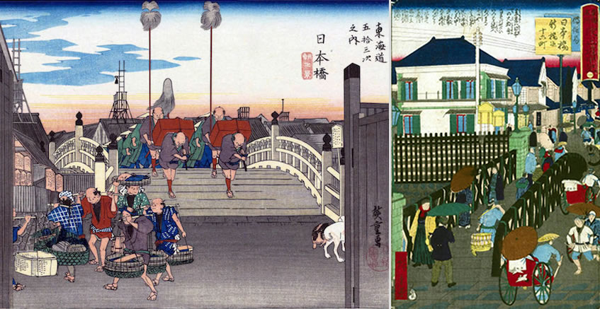 初代歌川広重の、大名行列が通る「日本橋」（左）と、40年後の三代目の電線が通る「日本橋」