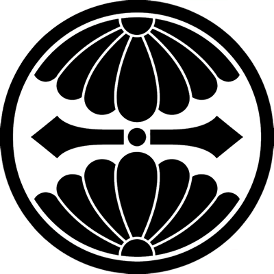 丸に対い割り八重菊に二つ剣