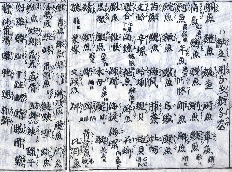 江戸時代に書かれた「男重宝記（なんちょうほうき）」より 『献立に用る魚類字尽』（こんだてにもちゆるうおるいじづくし）（国立国会図書館蔵）