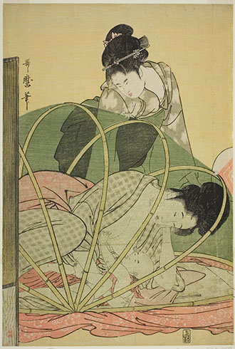 喜多川歌麿「幌蚊帳」（蚊帳の中での授乳）（寛政6–7(1794–95)頃）