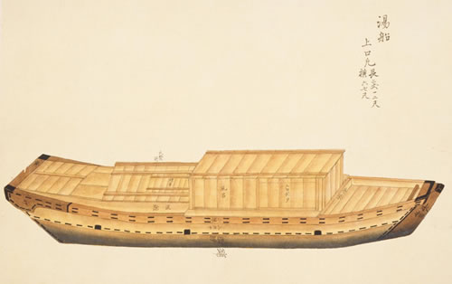 「湯船」江戸時代にあった、船内に浴槽を設けた小船。