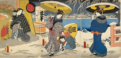 歌川国貞(豊国三代)「十二月ノ内　小春初雪」嘉永7・1854年（国立国会図書館所蔵）