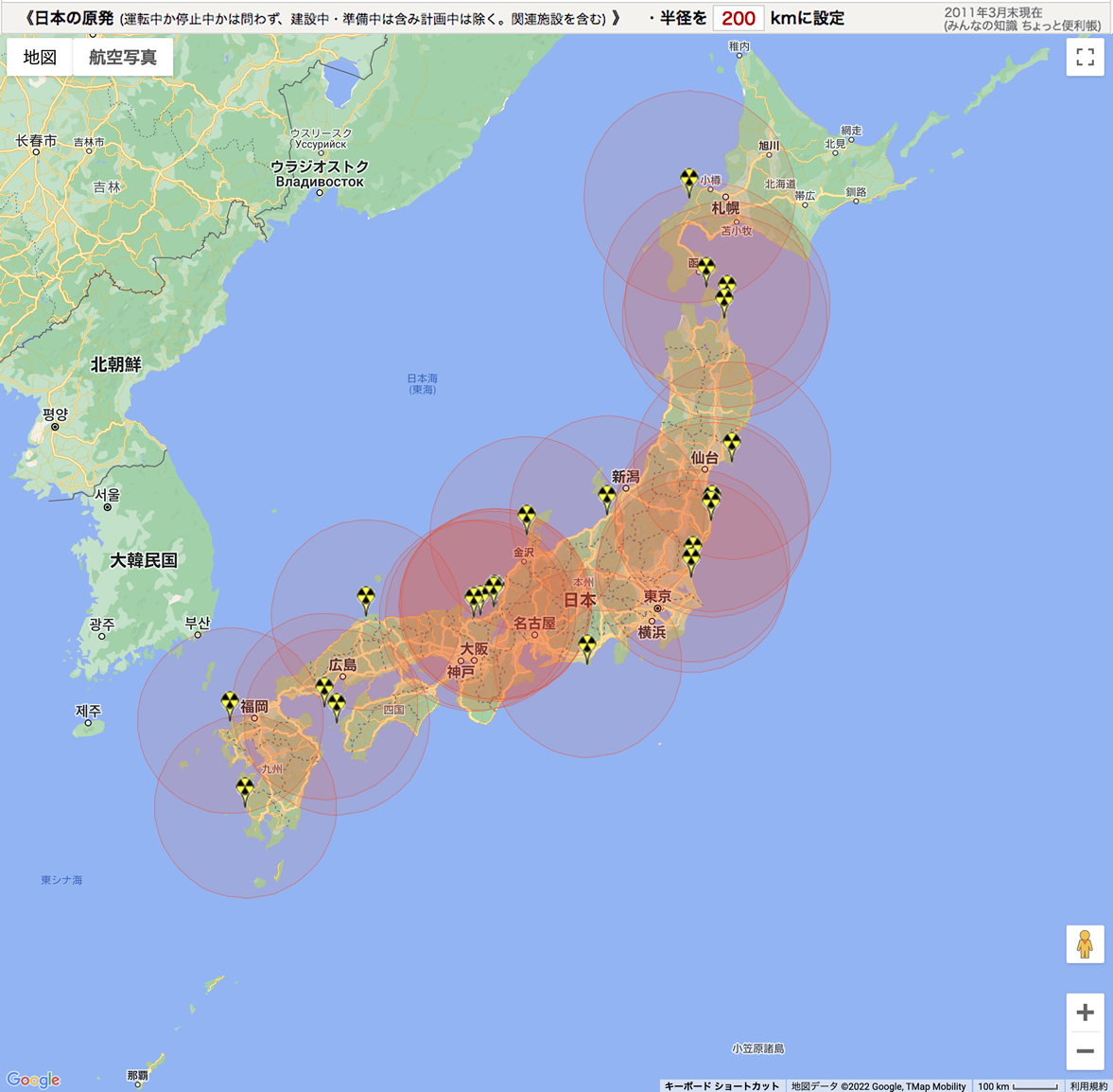 日本の原発地図・日本の原発200km圏内地図